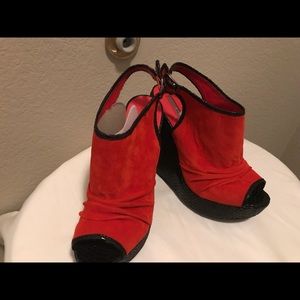 Orange & Black Suede and Python Wedge Sandals